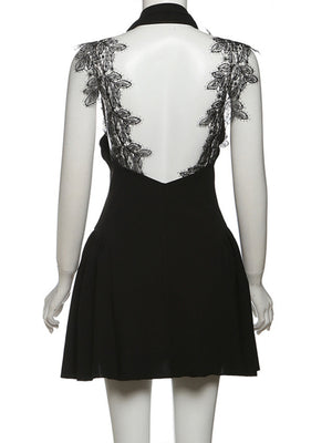 Lace Patchwork Halter Neck Deep V-neck Mini&Short Dresses