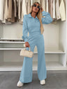 Long-sleeved Collared Top And Elastic Wide-leg Pants Two-piece Set