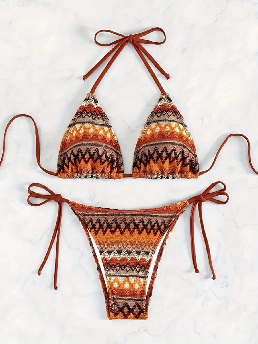 Knitted Color-blocked Striped Tie-up Bikini