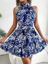 Printed Sleeveless Tie Mini Dress With A Full Skirt