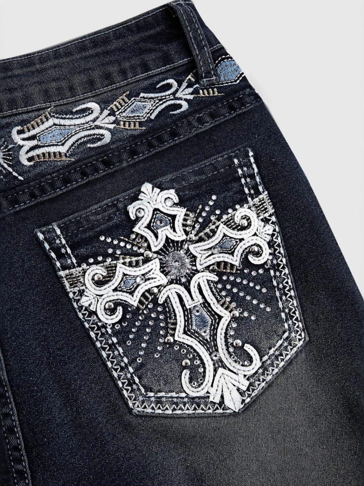 Women's Autumn/Winter Dark Washed Embroidered Rhinestone Flare Jeans