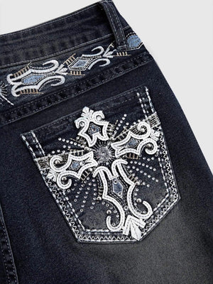 Women's Autumn/Winter Dark Washed Embroidered Rhinestone Flare Jeans
