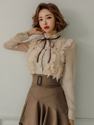 Elegant Two-piece Set: Stand-up Collar Sheer Blouse And Ruffled Skirt.