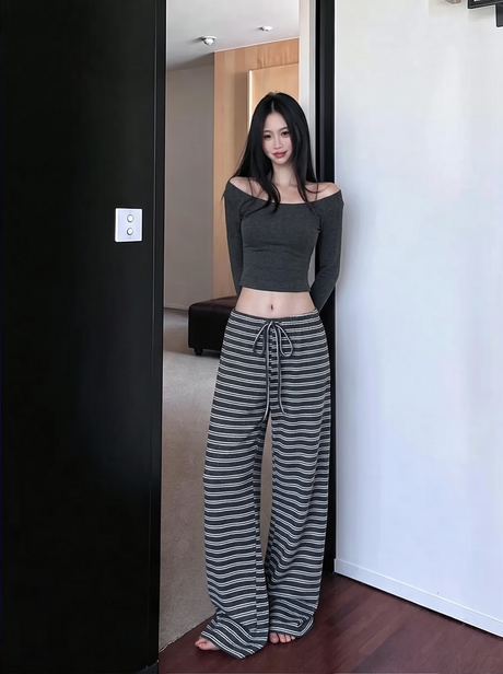 Sexy Loose-fitting Striped Casual Pants With Drawstring