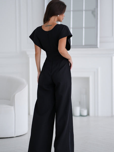 V-neck Commuting Wide Leg Jumpsuits