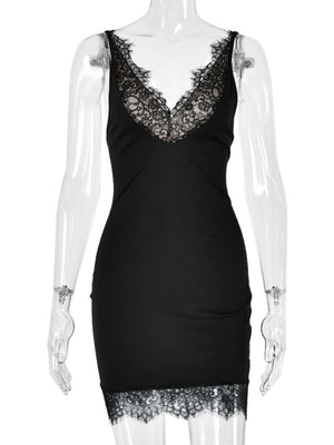 Lace Trim Deep V-neck Sleeveless Bodycon Mini&Short Dresses