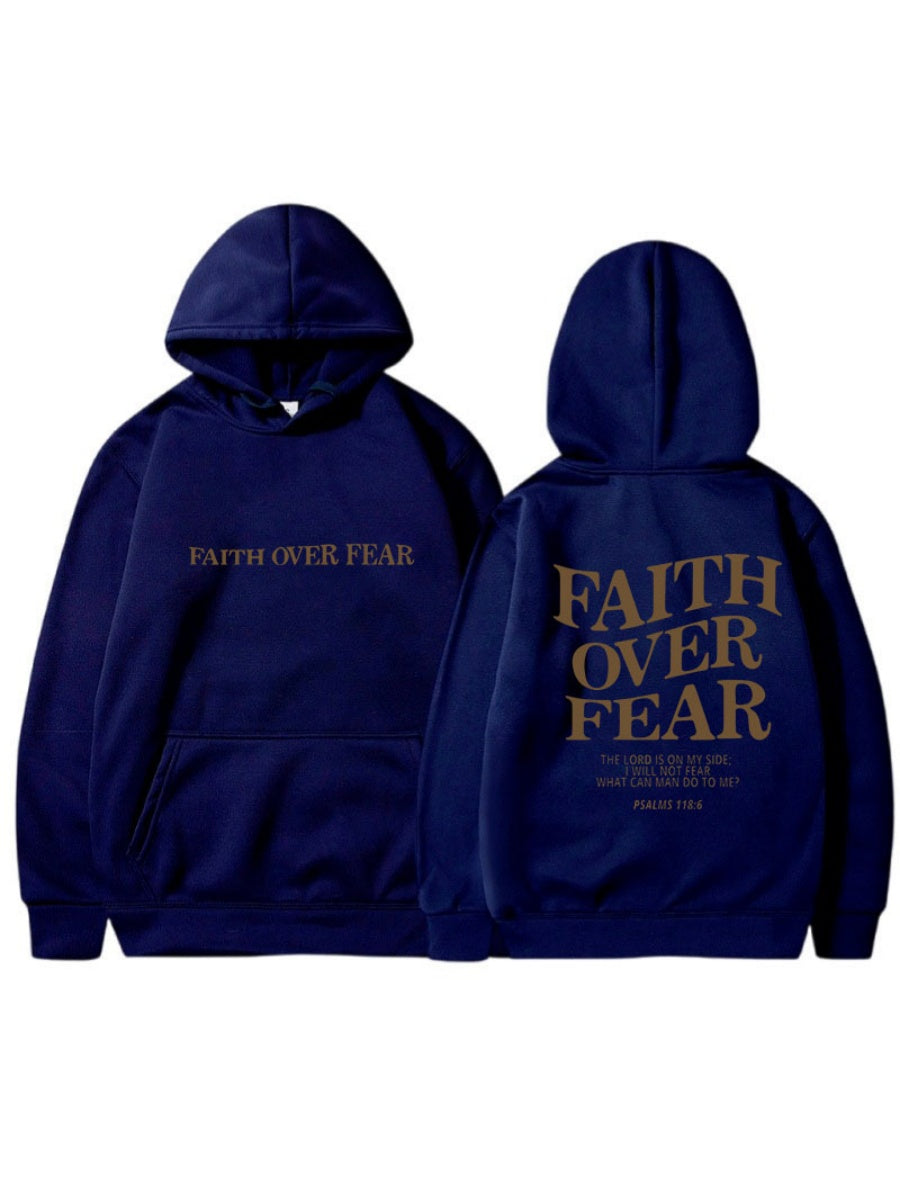 Long Sleeve Leisure Faith Over Fear Print Hoodies