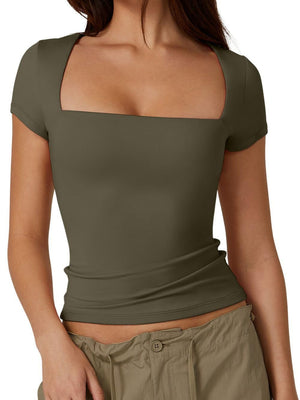Square Collar Short Sleeves Slim-fit T-shirts