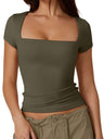 Square Collar Short Sleeves Slim-fit T-shirts