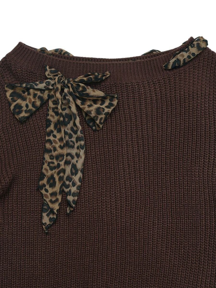 Brown pullover straps Leopard Off-shoulder sweater