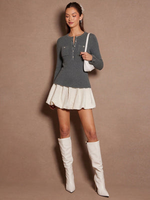 Half-open Metal Button Pocket Ruffle Sleeve Pullover Sweater