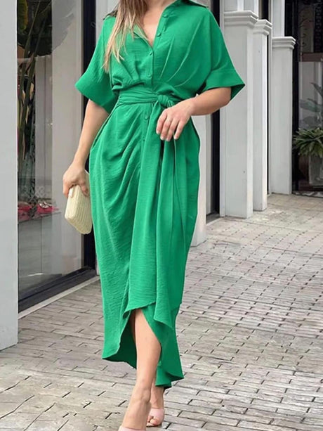Lapel Shirt Dress Short-sleeved Single-breasted High-waisted Maxi Dresses