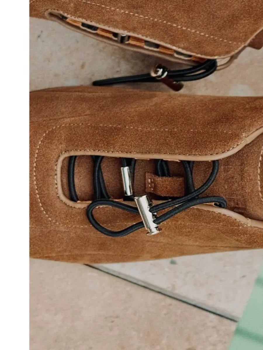 AKAIFU Suede Thin-soled Versatile Casual Vintage Square-toe Leather Shoes Drawstring Slip-on Shoes