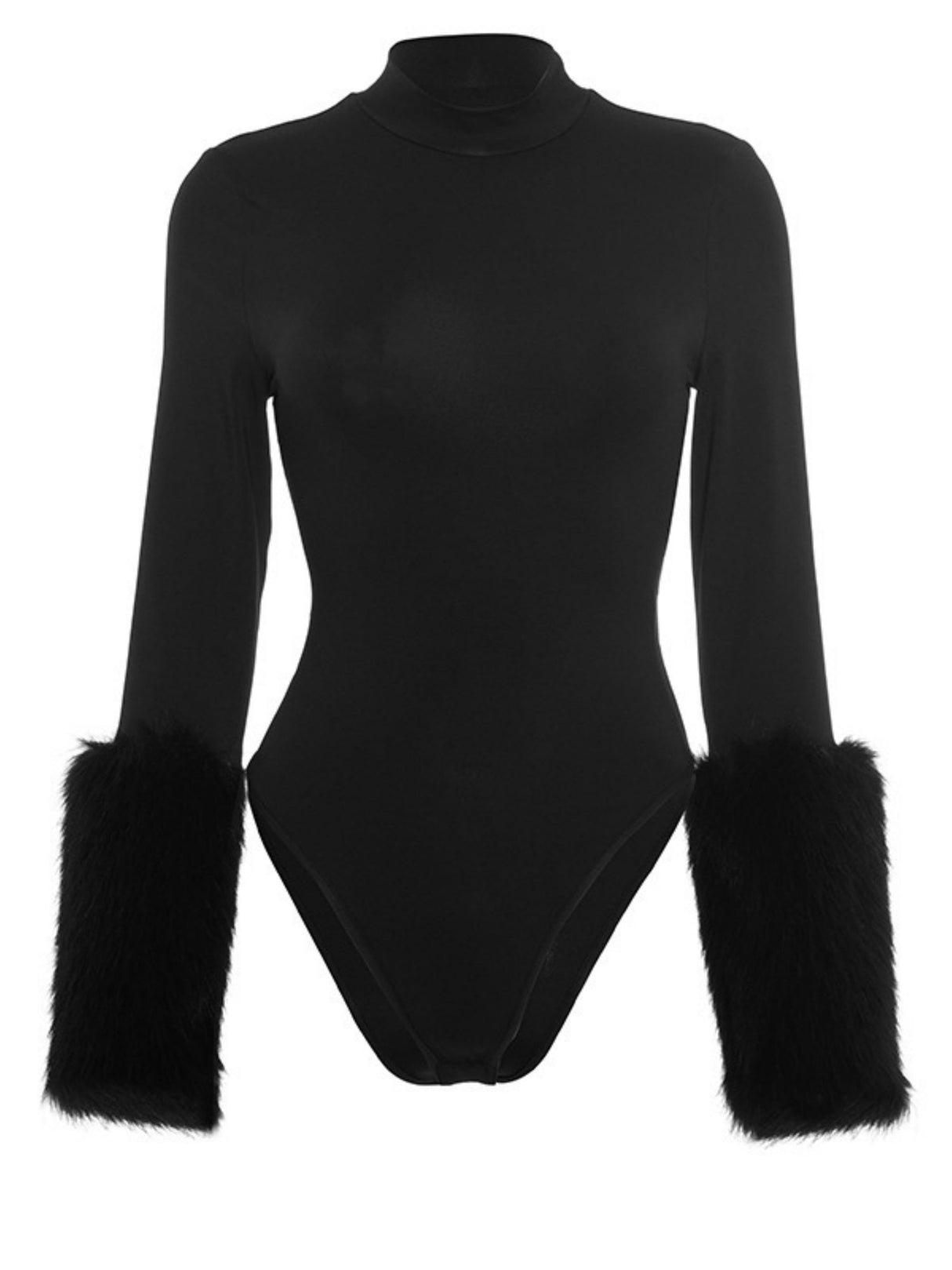 Fur Trim On Cuffs Solid Color Bodysuit