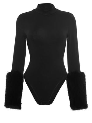 Fur Trim On Cuffs Solid Color Bodysuit