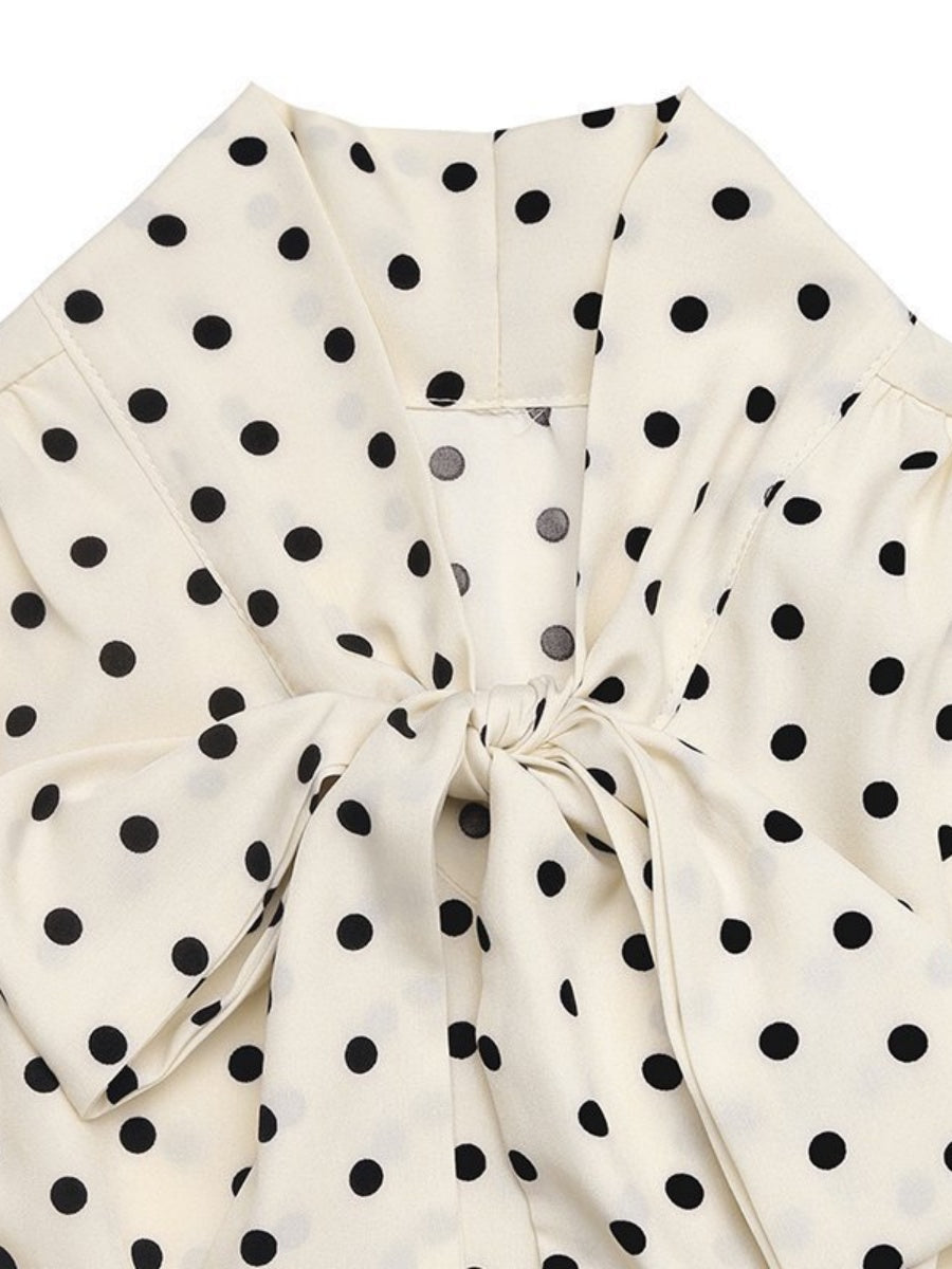 Bow Tie Collar Long Sleeve Waist Polka Dots Midi Dresses
