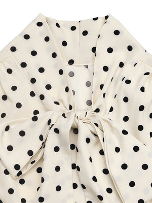 Bow Tie Collar Long Sleeve Waist Polka Dots Midi Dresses
