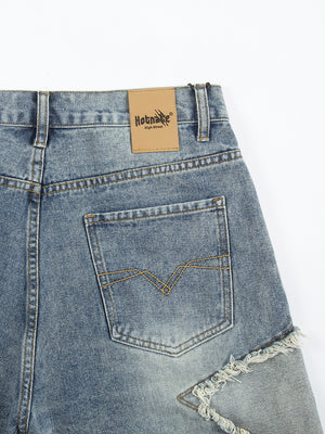 Five-pointed Star Patchwork Loose-fit Straight-fit Denim Mid-length Pants Shorts