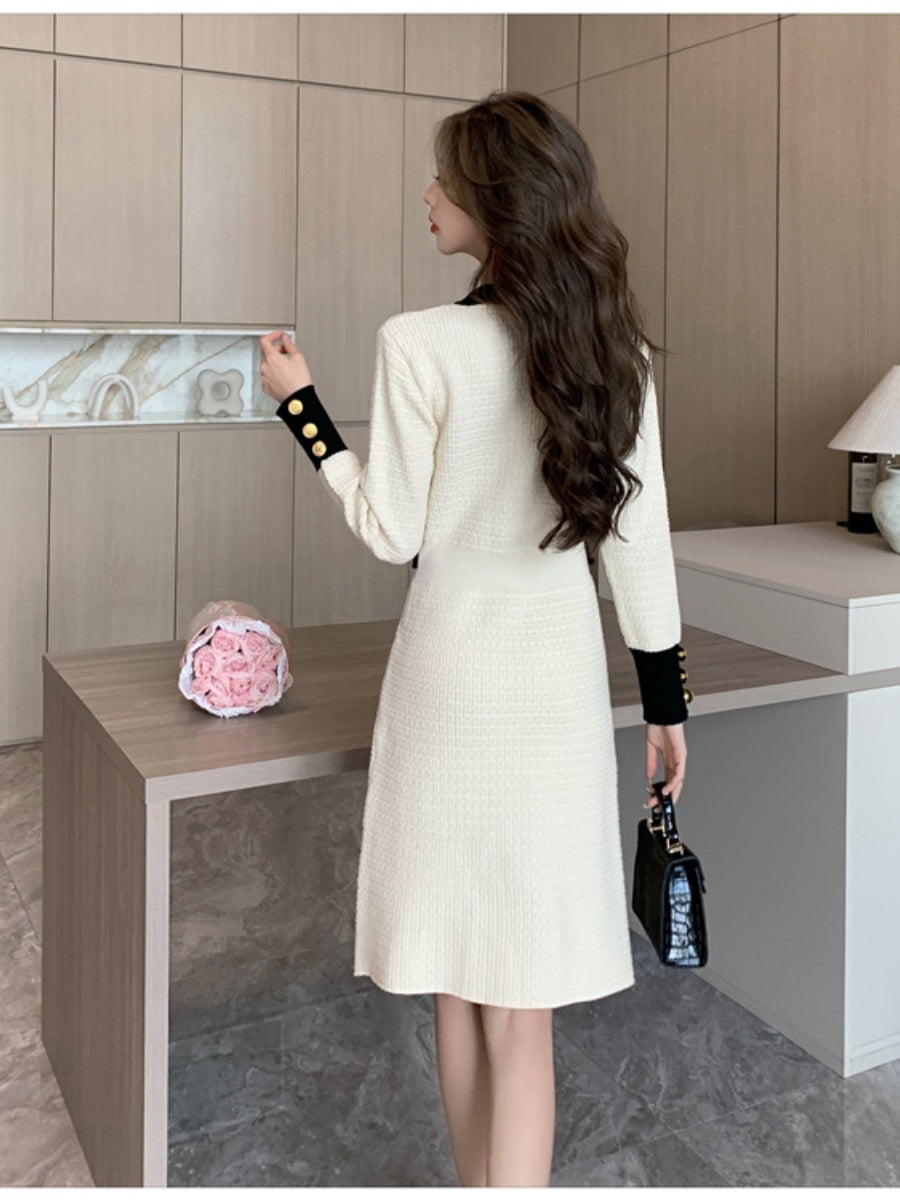 Elegant And Sophisticated Long-sleeved Round Neck Button-down Chanel-style Knit Midi Dress