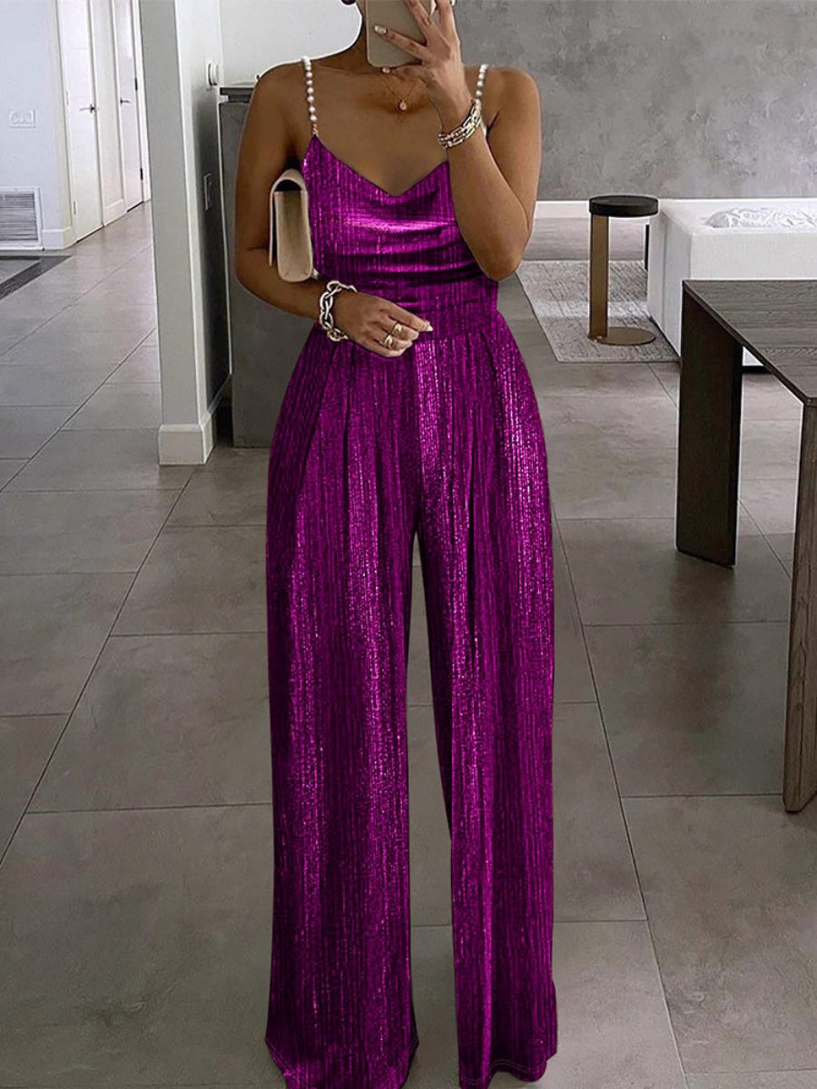 Wide-leg Pants Camisoles Waist Metallic Color Jumpsuits
