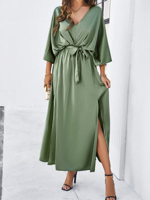 V-neck Tie High-waisted Slit Grace Maxi Dresses