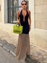 Hollow Out Color Matching Metal Decoration Bra Slit Maxi Dresses