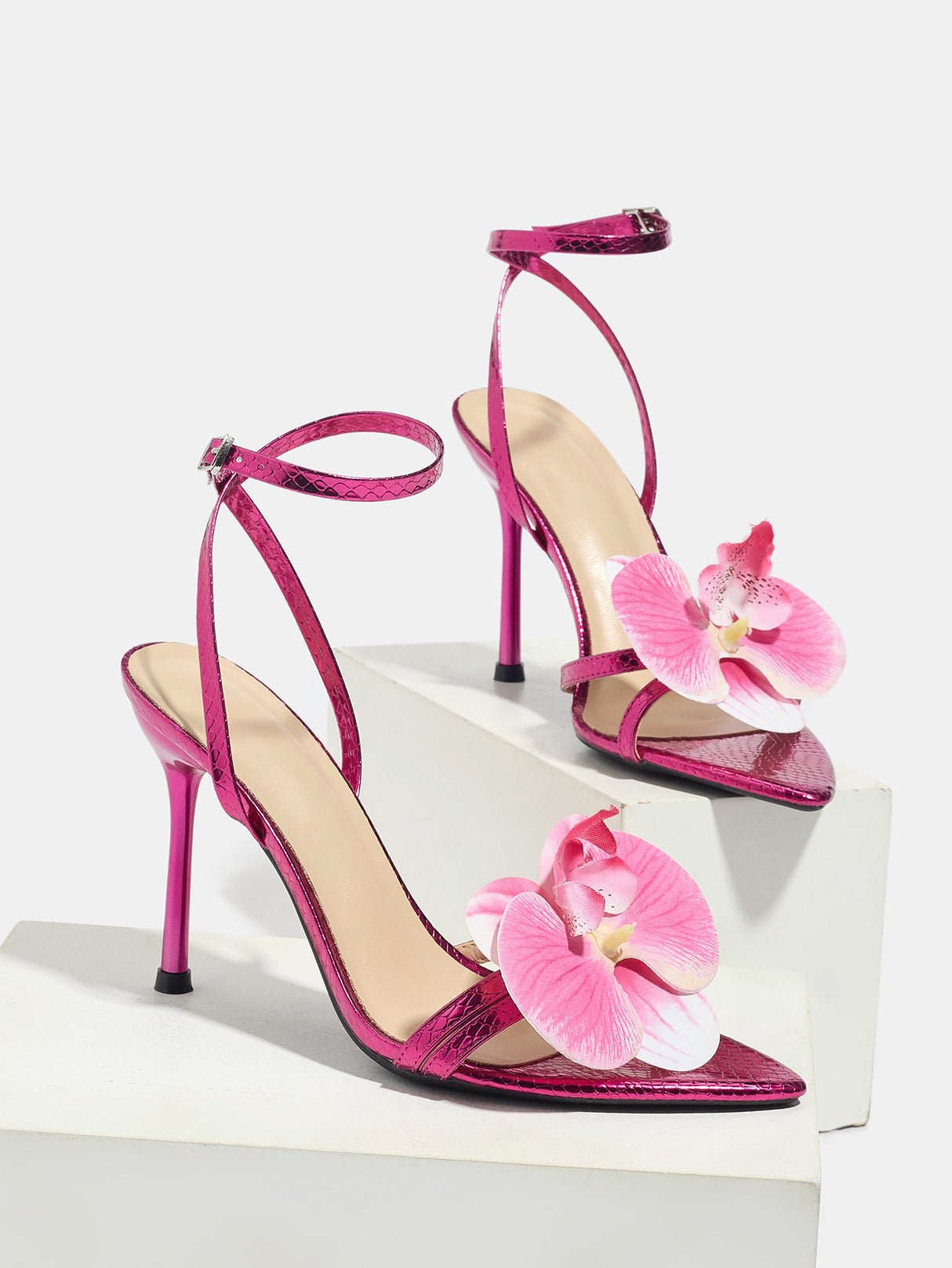 Three-dimensional Floral Rose Red Crisscross Strap Stiletto Sandals