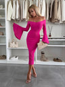 V-neck Flared Sleeves Off Shoulder Sexy Hip-hugging Dinner Cocktail Midi Dresses