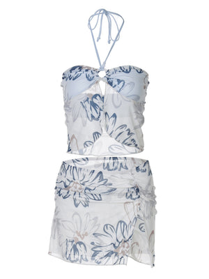 Printed Navel Exposed Halter-neck Mini Skirt 2-piece Sets