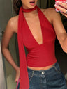 Deep V Halter Neck Strap Sleeveless Backless Tank Tops&Camis
