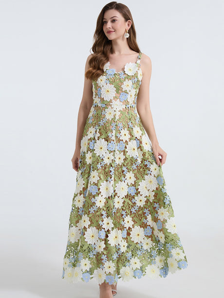 Lace Embroidery Spaghetti Strap Long Dress