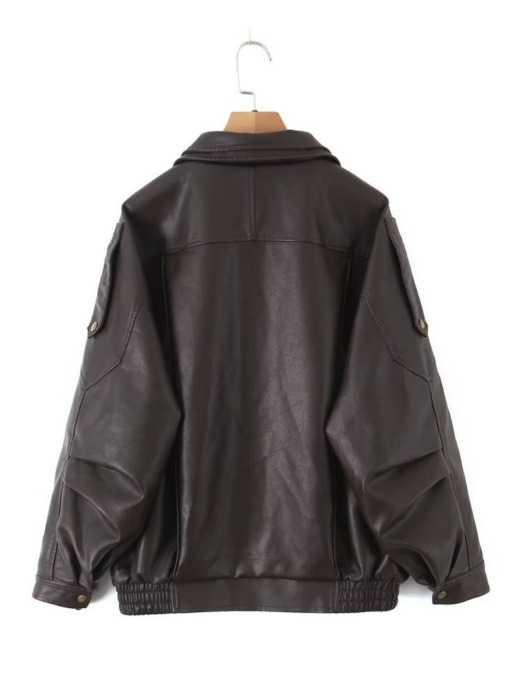 Retro PU Leather Jacket With Asymmetrical Lapel Design