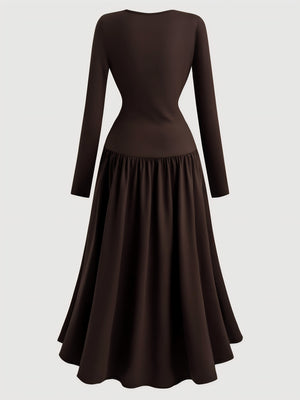 Pleated Design Long-sleeved Round Neck A-line Dress