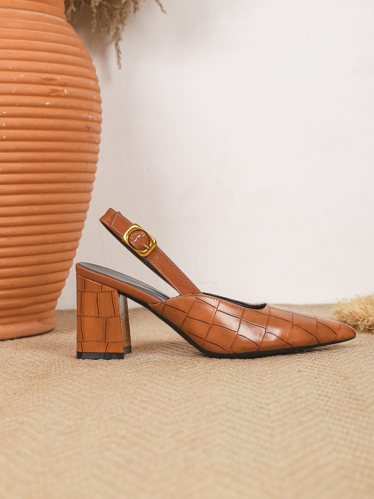 Pointed-toe Embossed Patchwork Open-back High Heels