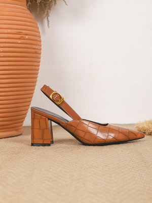Pointed-toe Embossed Patchwork Open-back High Heels