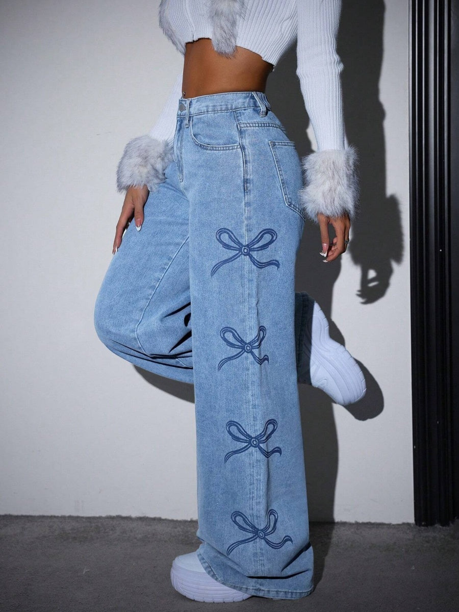 Y2K Spice Girl High Waist Wash Water Bow Straight Jeans