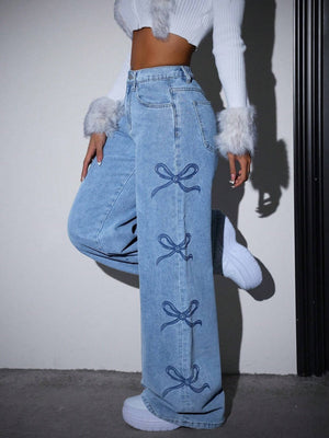 Y2K Spice Girl High Waist Wash Water Bow Straight Jeans
