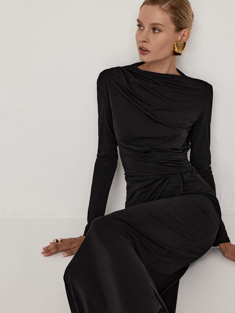 Hip-wrapped Long-sleeved Twisted Long Dress