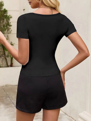 Lace Trim With Chest Cotton Bow Square Neck Short-sleeved T-shirt