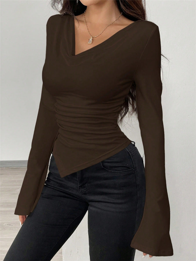 V-neck, Off-shoulder, Two-way Design, Slim Fit, Pleated, Irregular Long-sleeved T-shirt