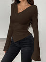 V-neck, Off-shoulder, Two-way Design, Slim Fit, Pleated, Irregular Long-sleeved T-shirt