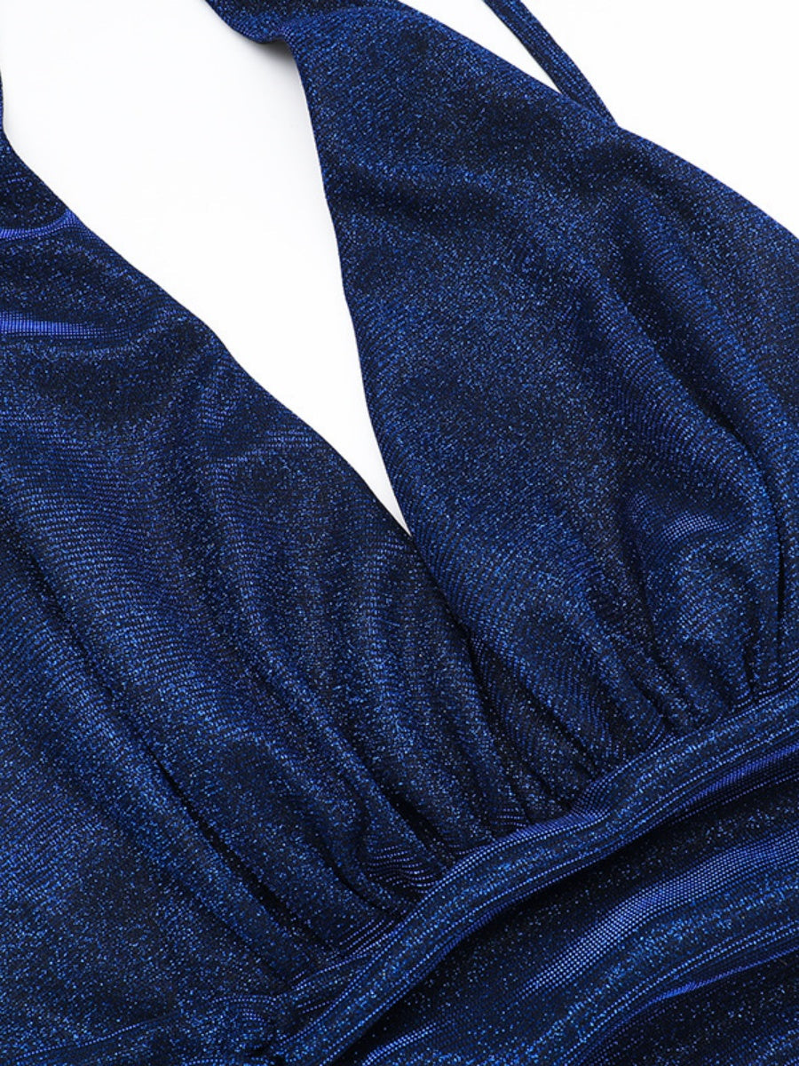 Halter Neck Backless V-neck Fine Flash Waist Corset Pleats Slit Dinner Party Long Dress