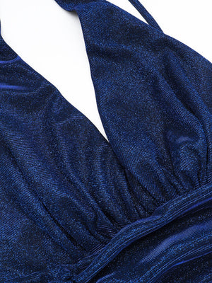 Halter Neck Backless V-neck Fine Flash Waist Corset Pleats Slit Dinner Party Long Dress