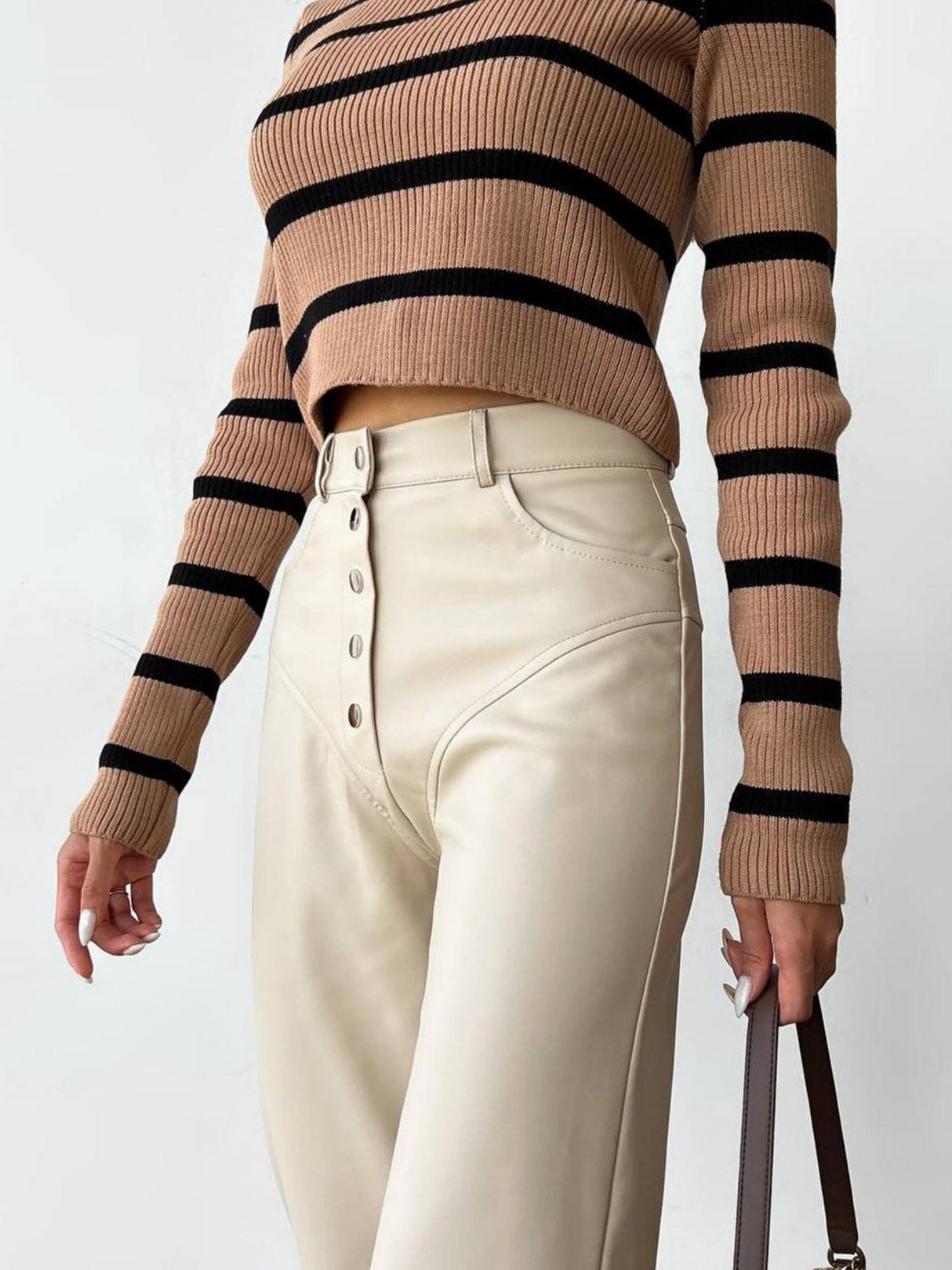 Leather Stitching Buttons High-waisted Straight-leg Pants Pants
