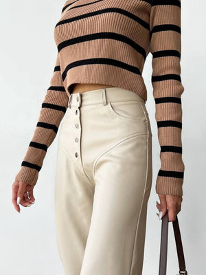 Leather Stitching Buttons High-waisted Straight-leg Pants Pants