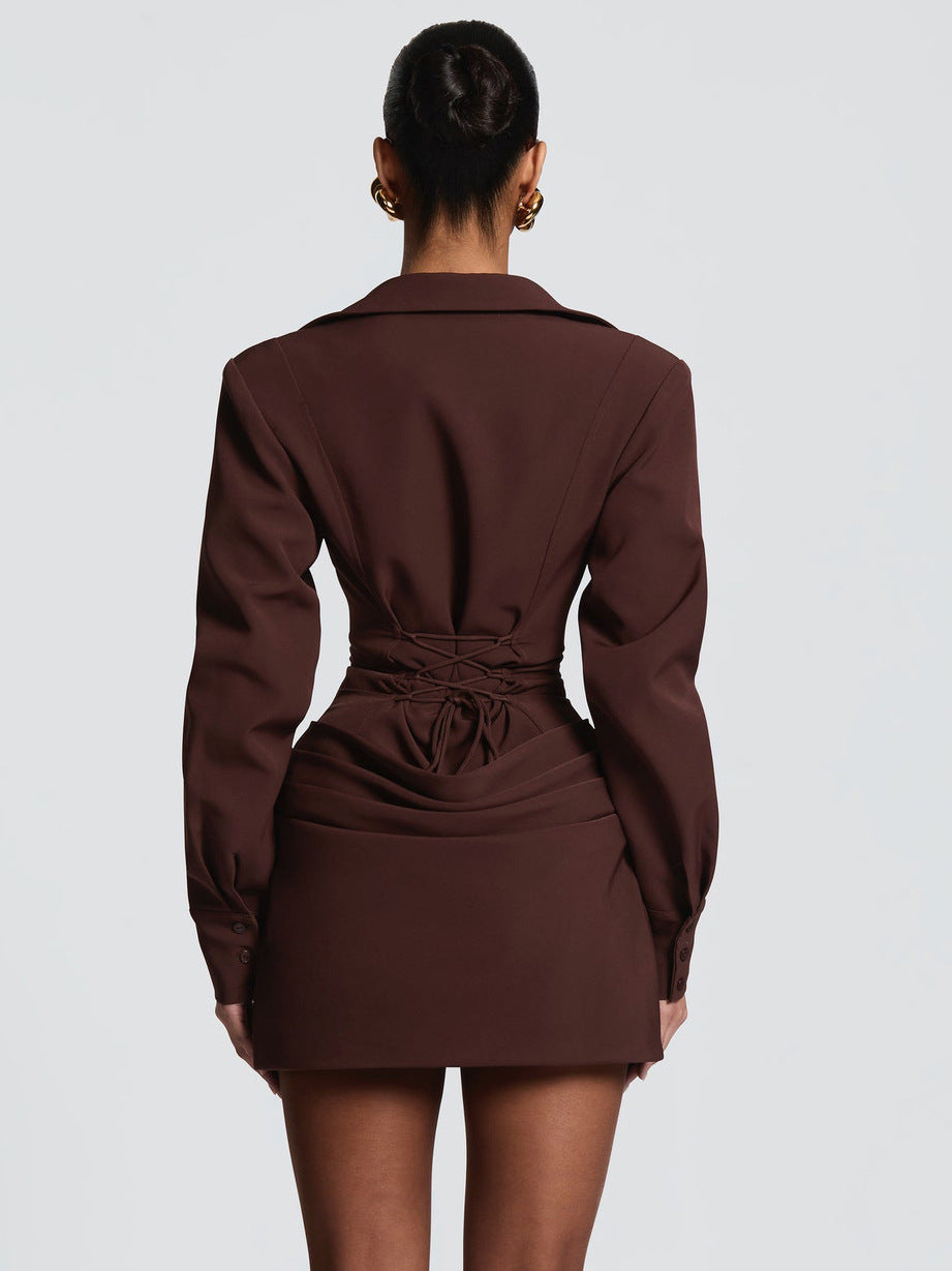 Sexy Deep V-neck Fishbone Zipper Waist-cinching Bodycon Dress