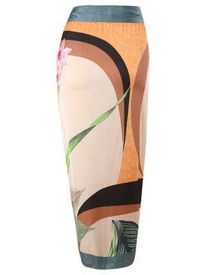 One-piece Swimsuit With Cross-over Print, Revealing Backpack And Hip-revealing Long Skirt (two-piece Set)