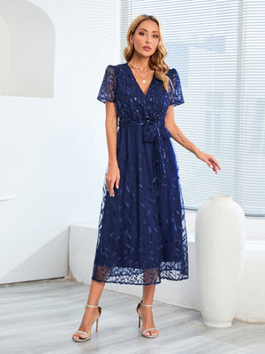 Embroidery And Glitter Mesh Dress V-neck Short Sleeve Maxi Dresses