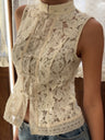 Lace Crochet Stand Collar Button Tank Tops