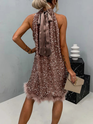 Sequins Feather Halter Lace Up Two-way Parties Mini&Short Dresses